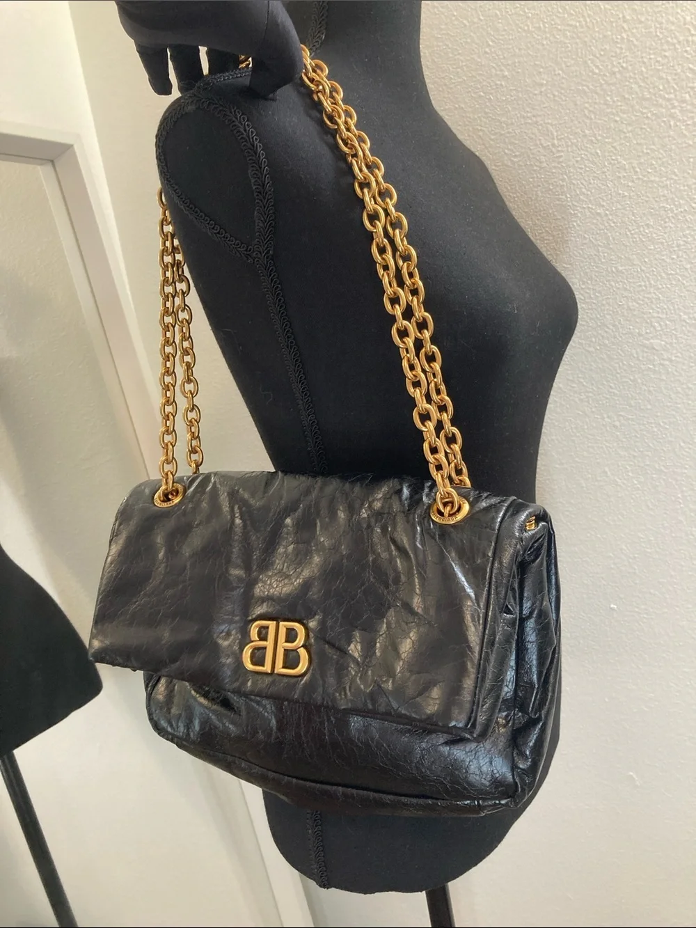 Balenciaga Black Leather Shoulder Bag with Gold Chain